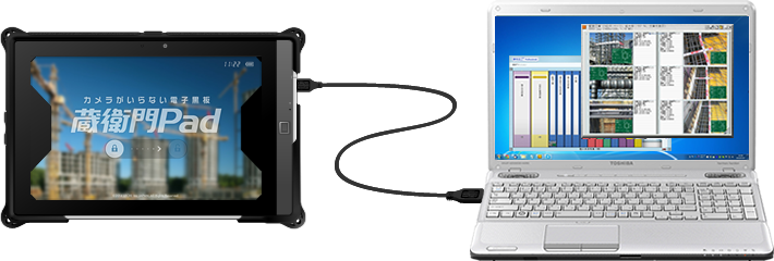 『蔵衛門Pad』をパソコンと接続し、『蔵衛門御用達』で簡単に工事写真台帳を作成することができます。
