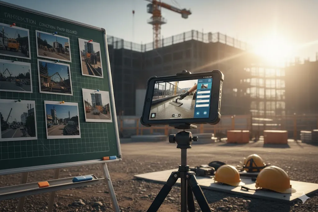 建設現場で工事写真を撮影する様子