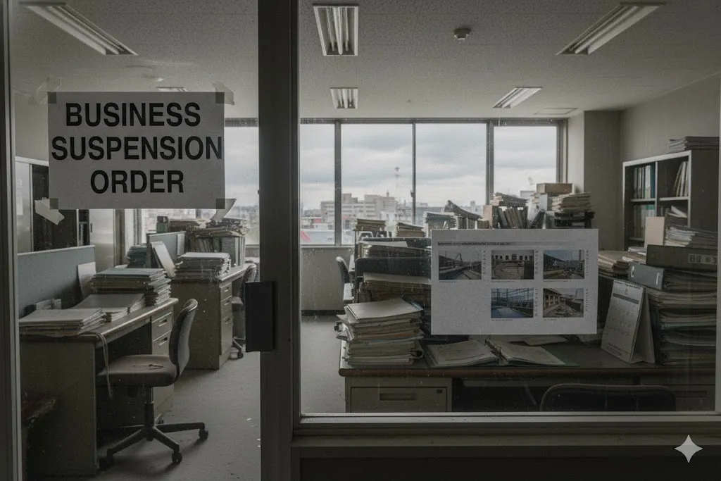 営業停止処分により閑散とした建設会社の事務所