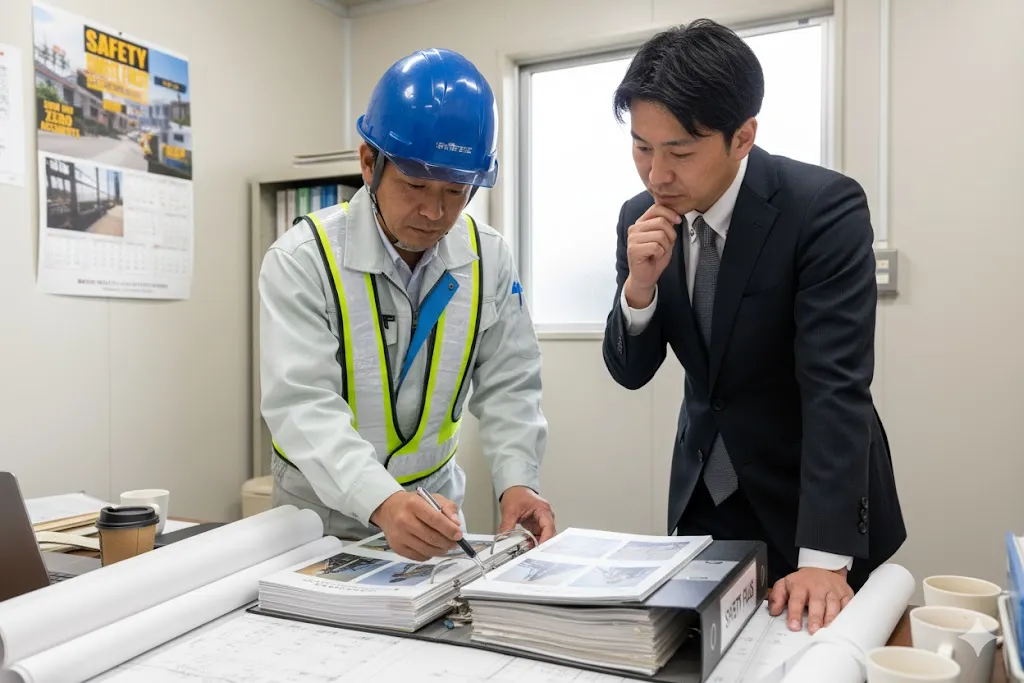 建設現場事務所で書類を確認しながら打ち合わせを行う現場監督と労務担当者