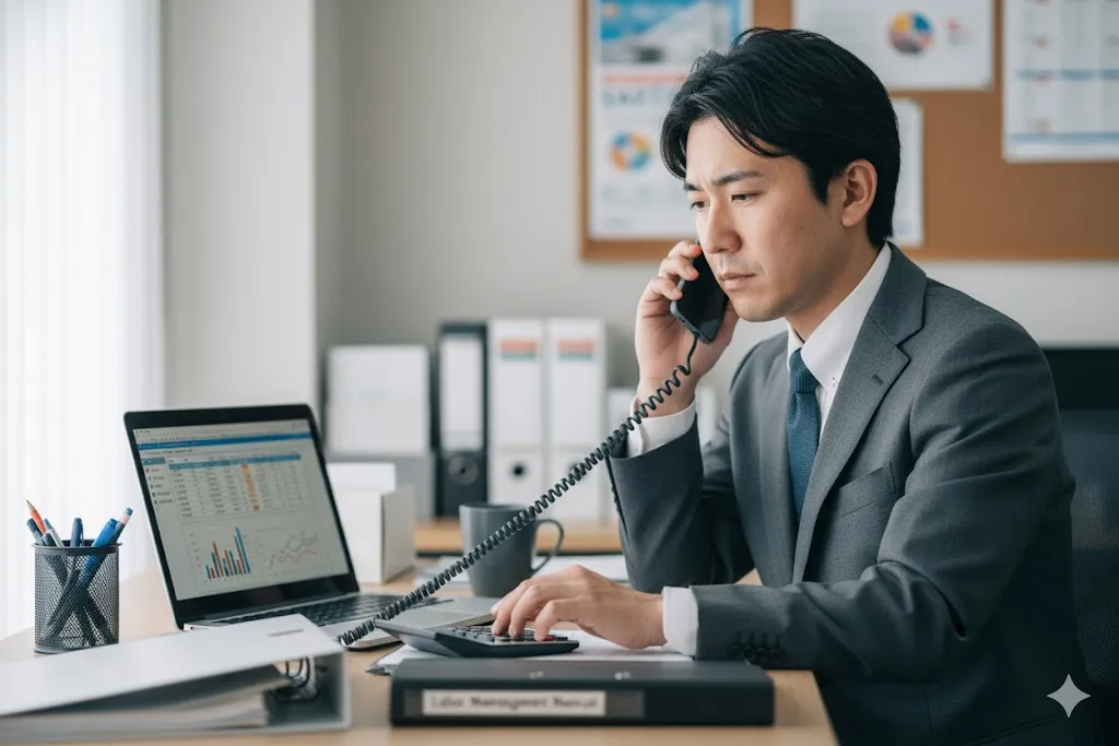 オフィスでパソコン作業と電話応対を同時にこなす労務担当者