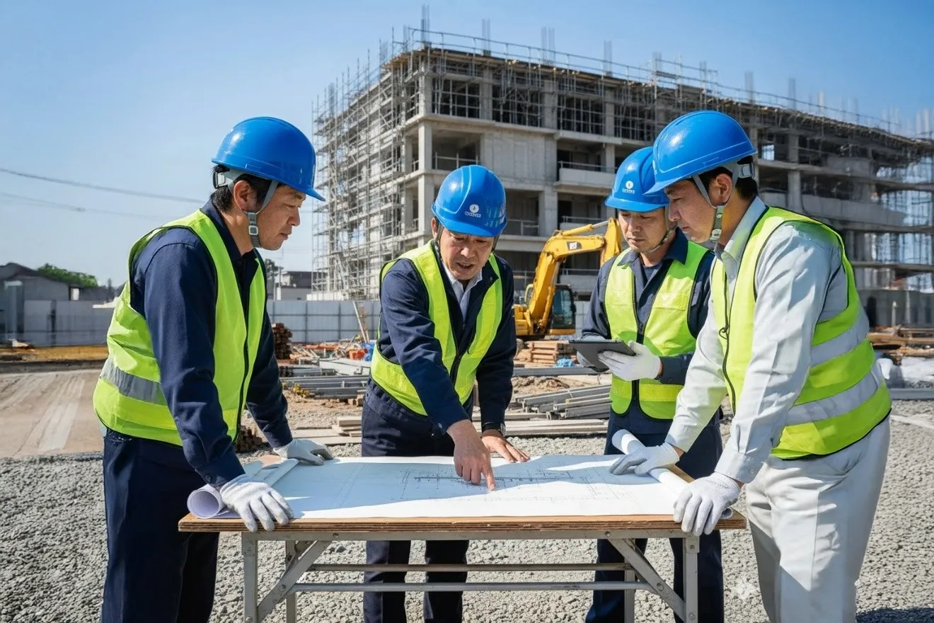 建設現場で図面を見ながら打ち合わせる作業員たち