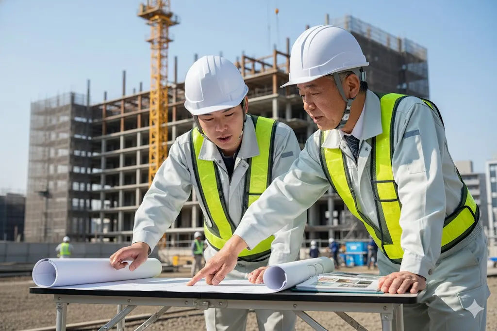 建設現場で打ち合わせをする2人の作業員
