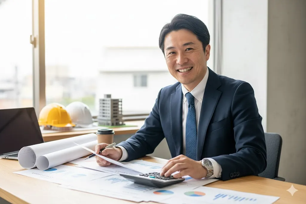 オフィスのデスクで事業計画を立てる建設業の経営者