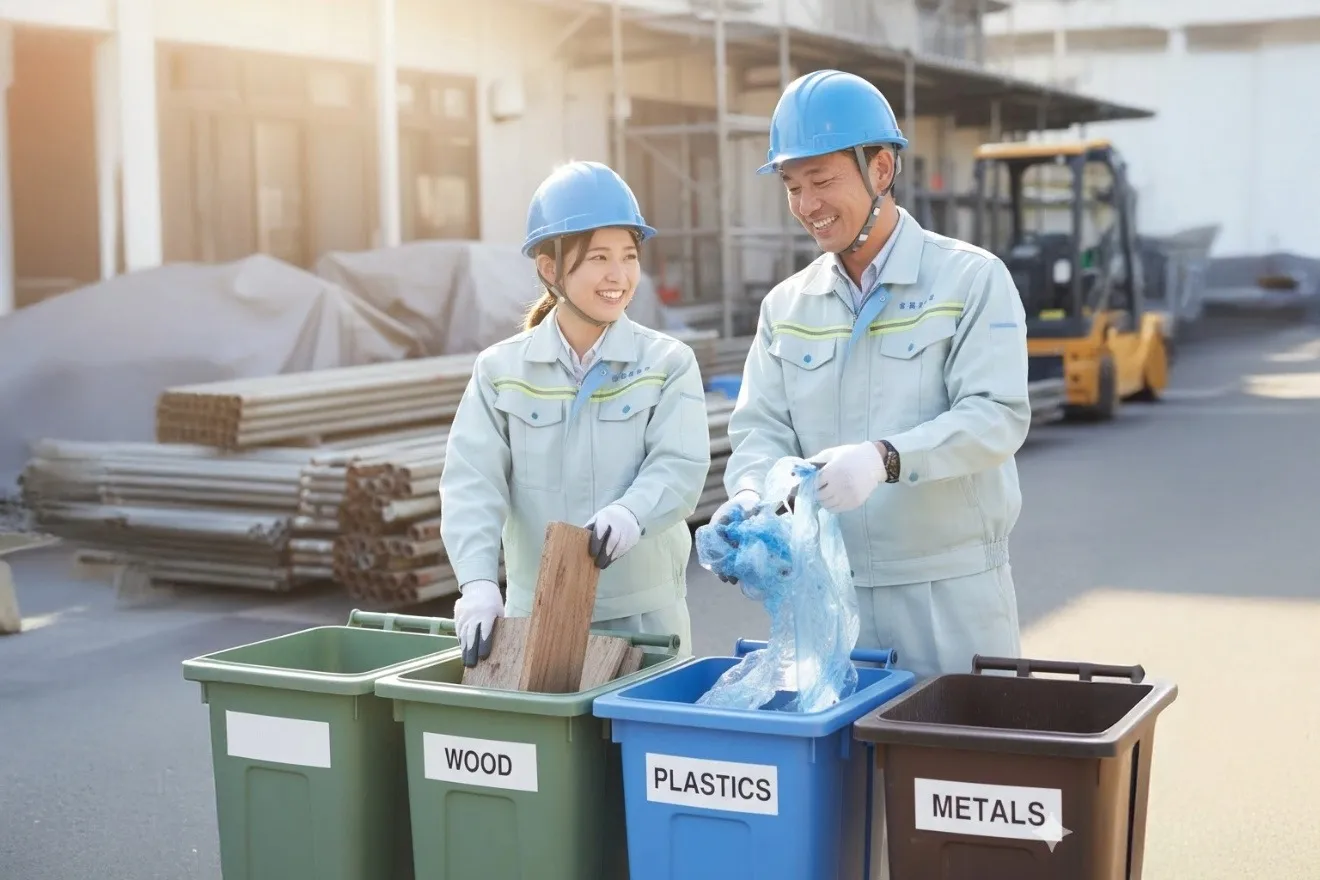 建設現場で廃棄物を正しく分別する作業員たち