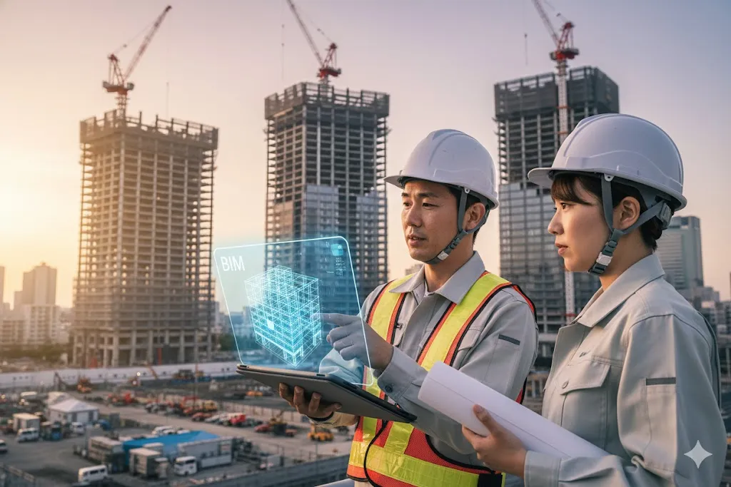 タブレットでBIM/CIMの3Dモデルを確認する建設技術者