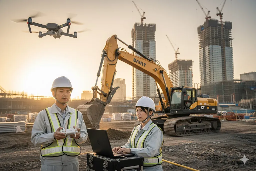 ドローンとICT建機を操作する建設技術者