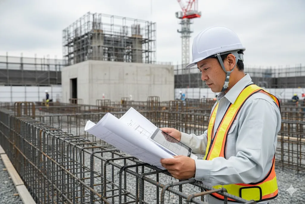 図面を見ながら現場の品質を確認する建設技術者