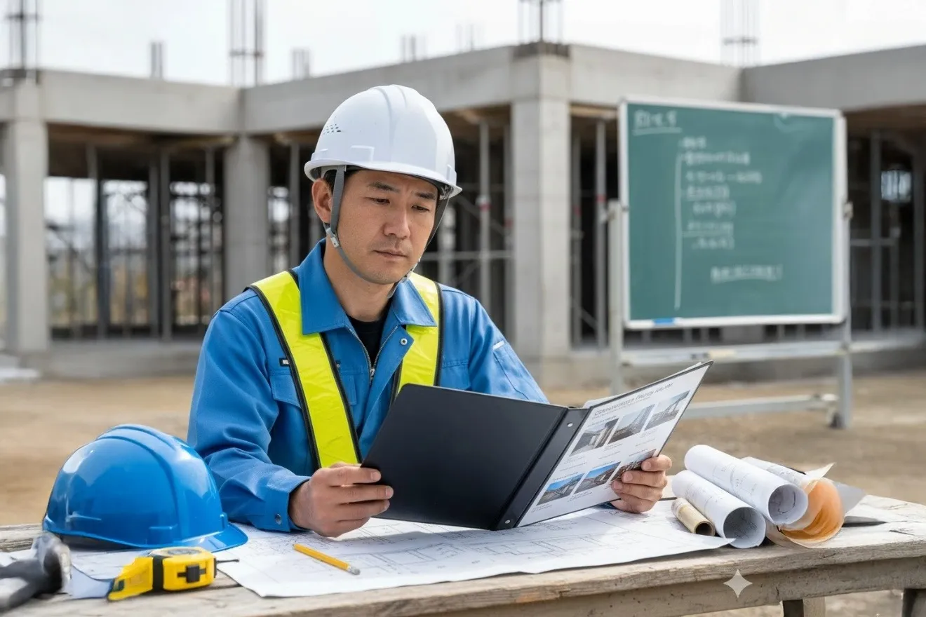 ヘルメットをかぶった現場監督が建設現場で図面と工事写真台帳を確認している様子