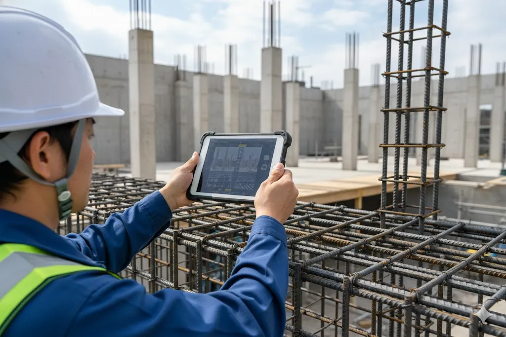 作業員が建設現場で鉄筋の配筋状況をタブレット端末で撮影している様子