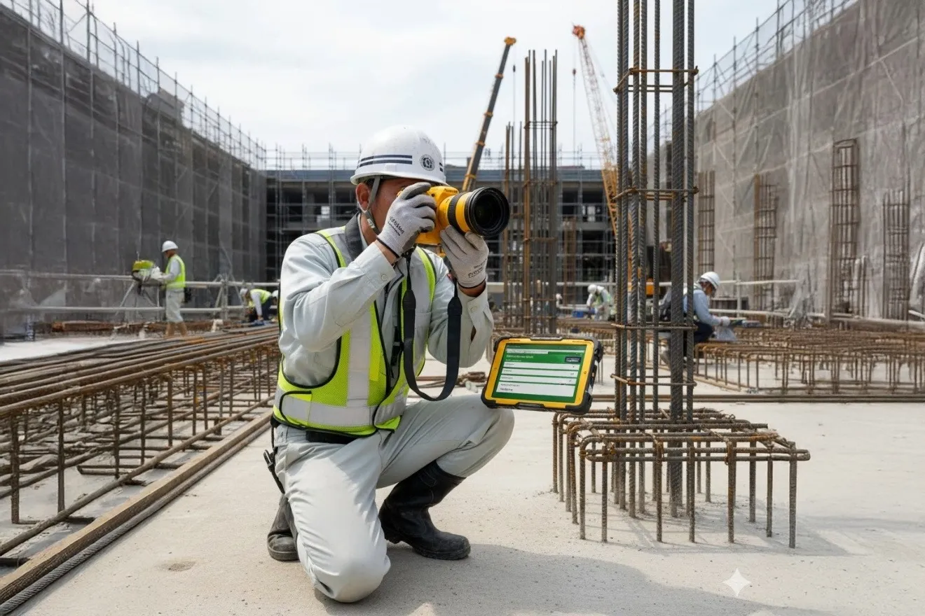 建設現場で電子納品用の工事写真を撮影する作業員