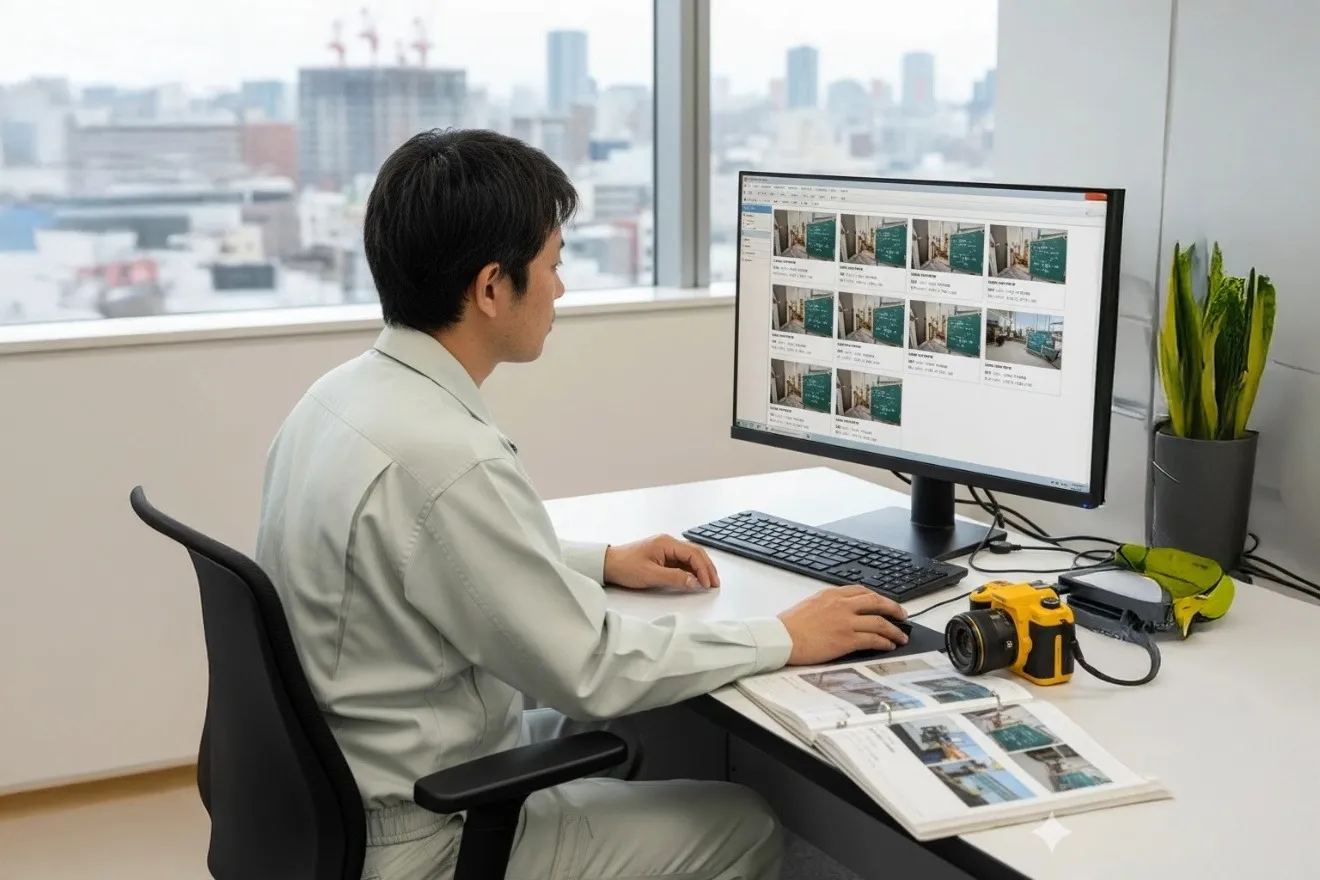 パソコンで電子納品用の写真データを整理する現場監督