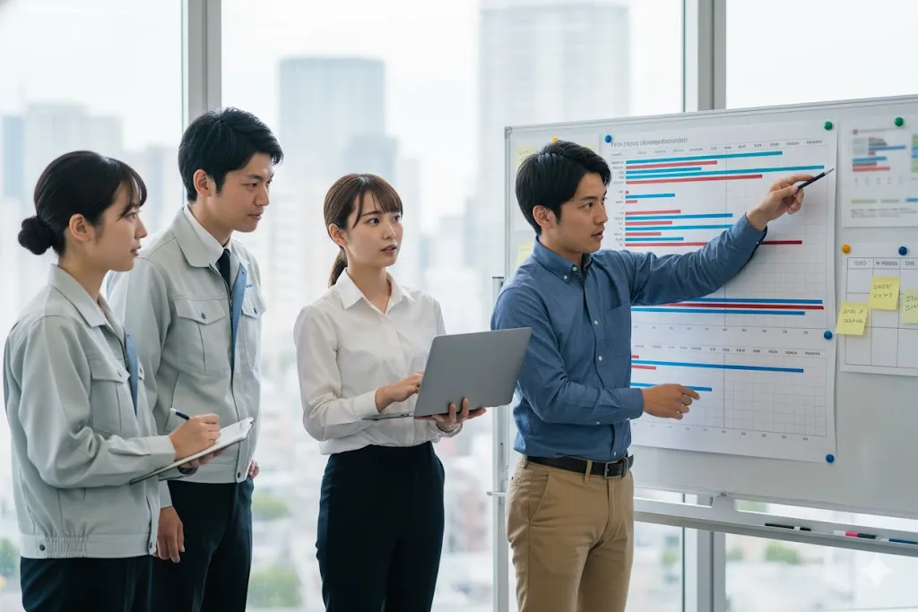 ホワイトボードのガントチャートを見ながら工程会議を行うチームメンバーたち