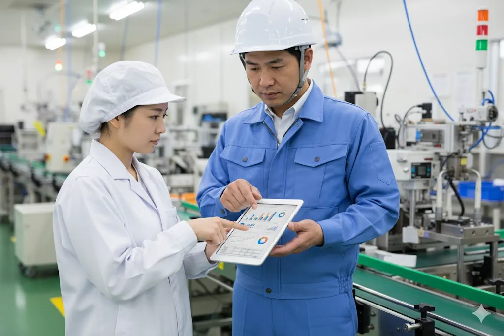 製造現場でタブレットを見ながら品質管理について議論する担当者と作業員
