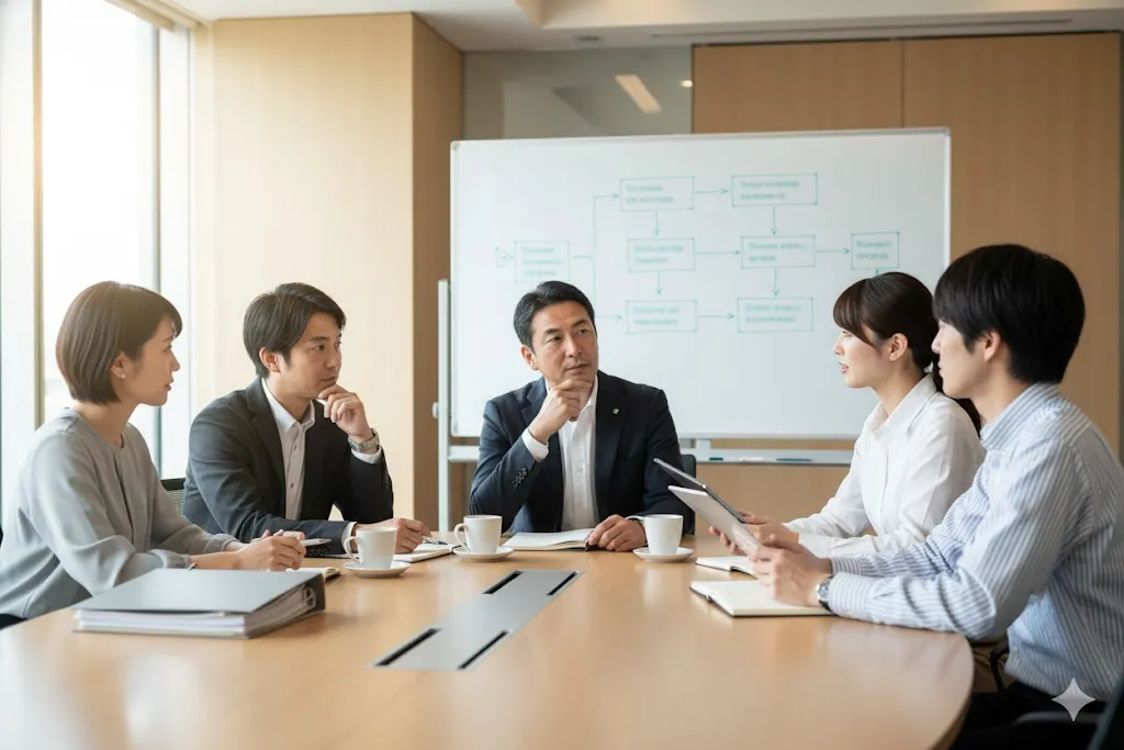 オフィスの会議室でISO9001導入について議論するビジネスチーム