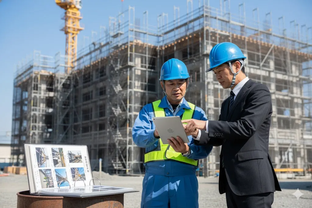 建設現場で担当者と依頼主が見積もりのための現地調査と打ち合わせを行っている様子