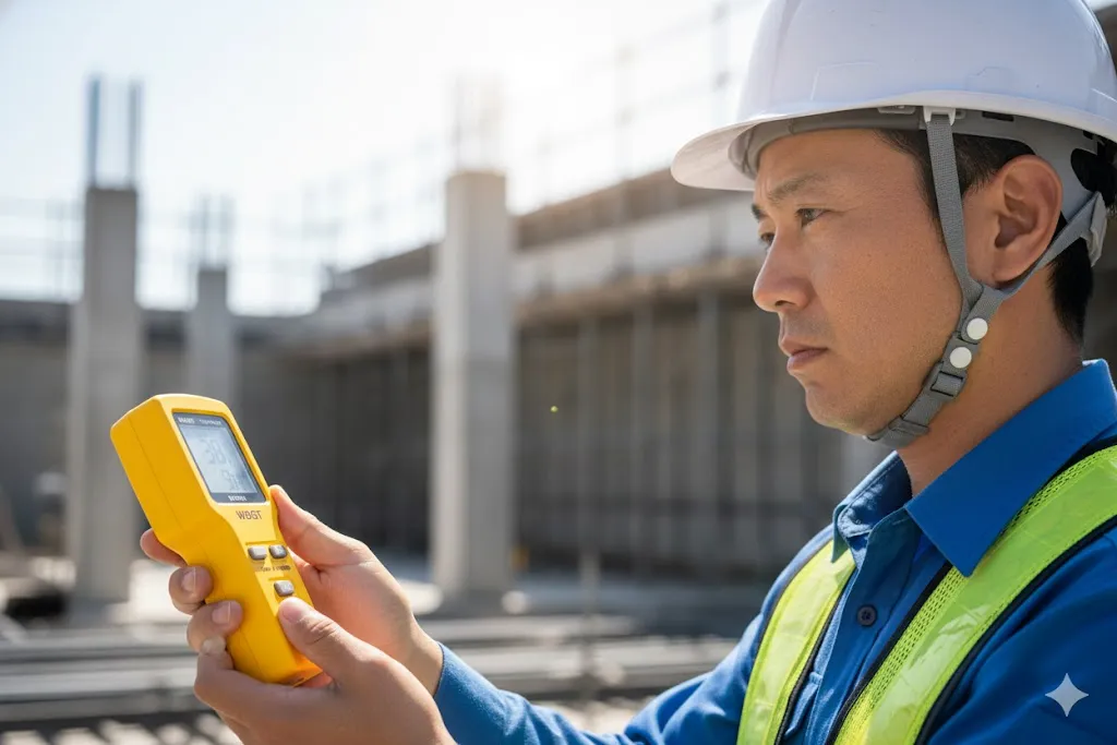 建設現場で暑さ指数(WBGT)計測器を確認する現場監督