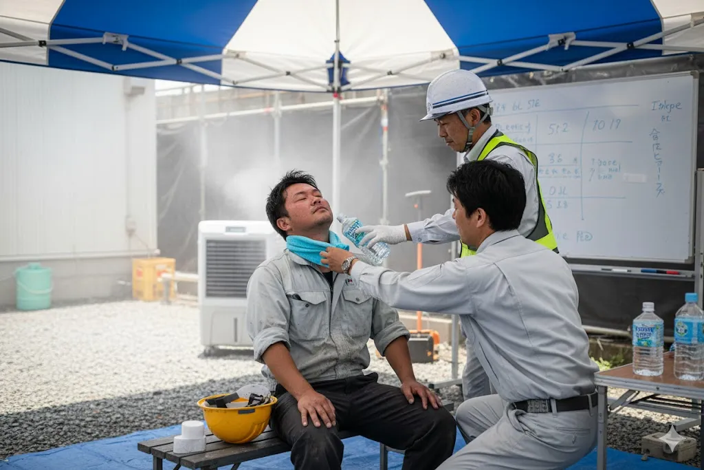 建設現場の日陰で熱中症の応急処置を受ける作業員