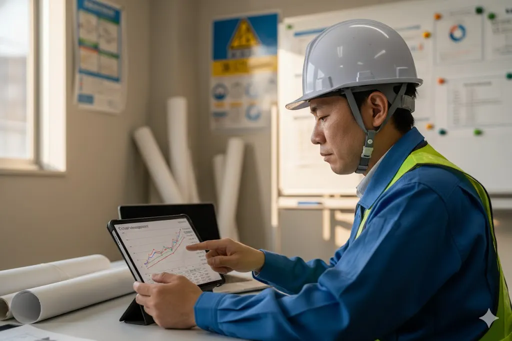 建設現場でタブレットを使い原価管理を行う現場監督