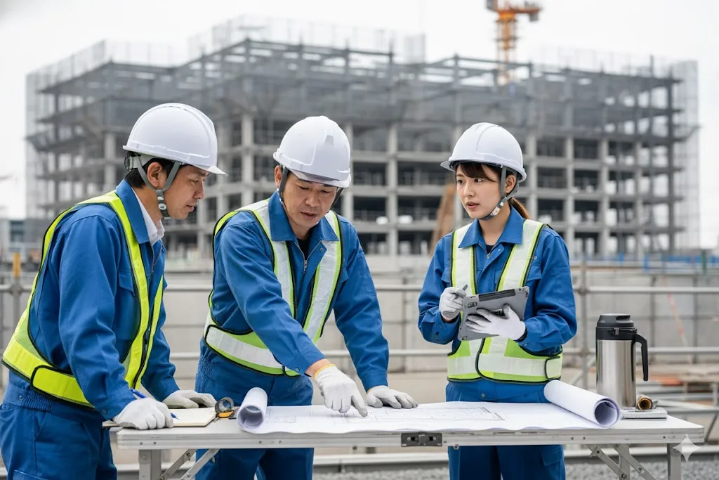 建設現場で図面を見ながら施工計画について打ち合わせをするヘルメット姿の技術者たち