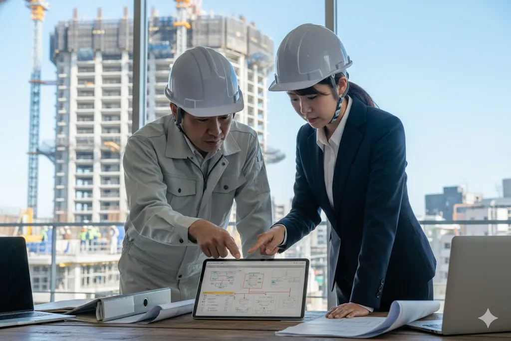 建設現場の事務所で調達の打ち合わせをする現場監督と担当者