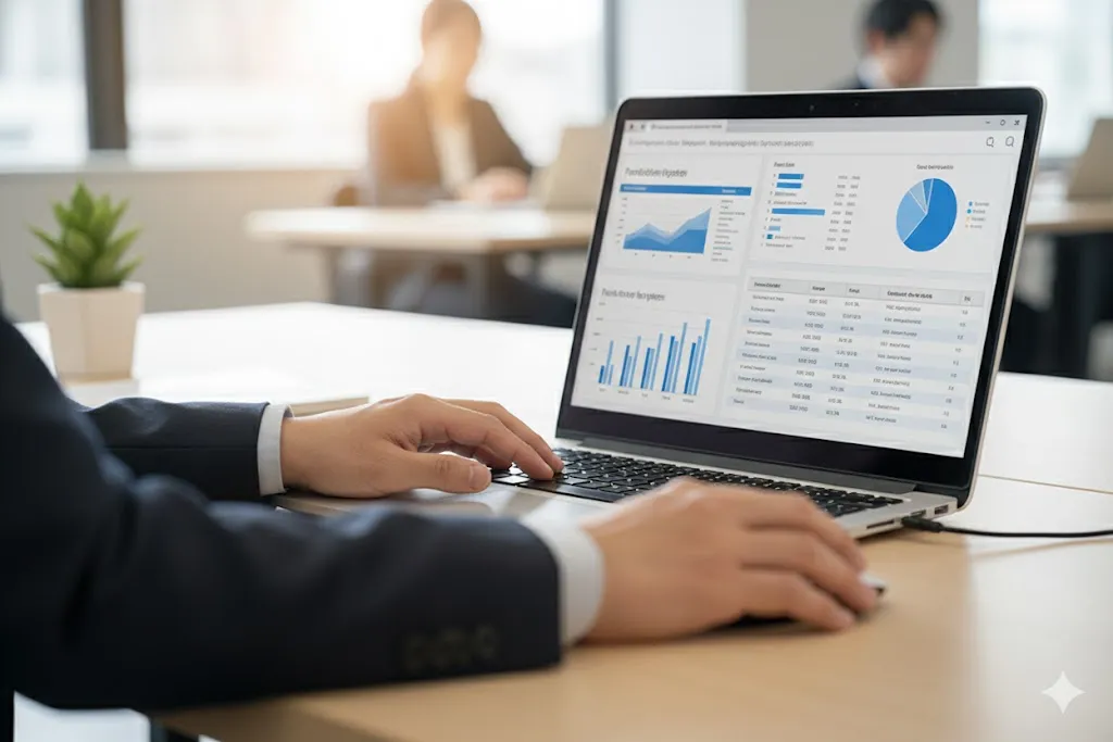 調達管理システムを操作して業務を効率化するオフィスの担当者