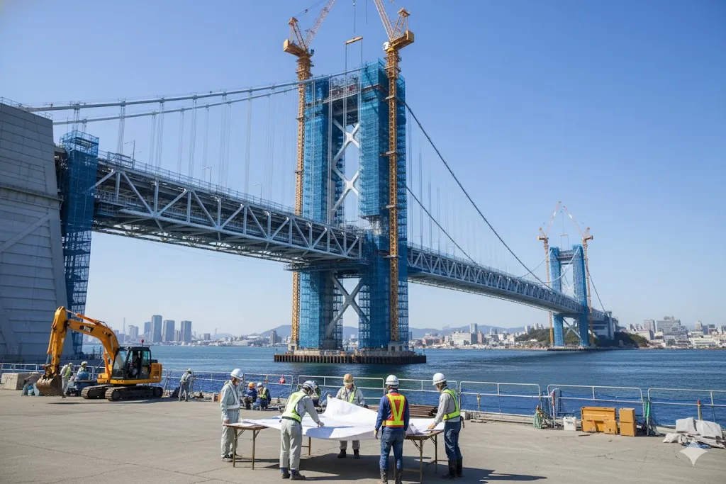 国の予算で進められる大規模な公共事業（橋梁建設）の現場