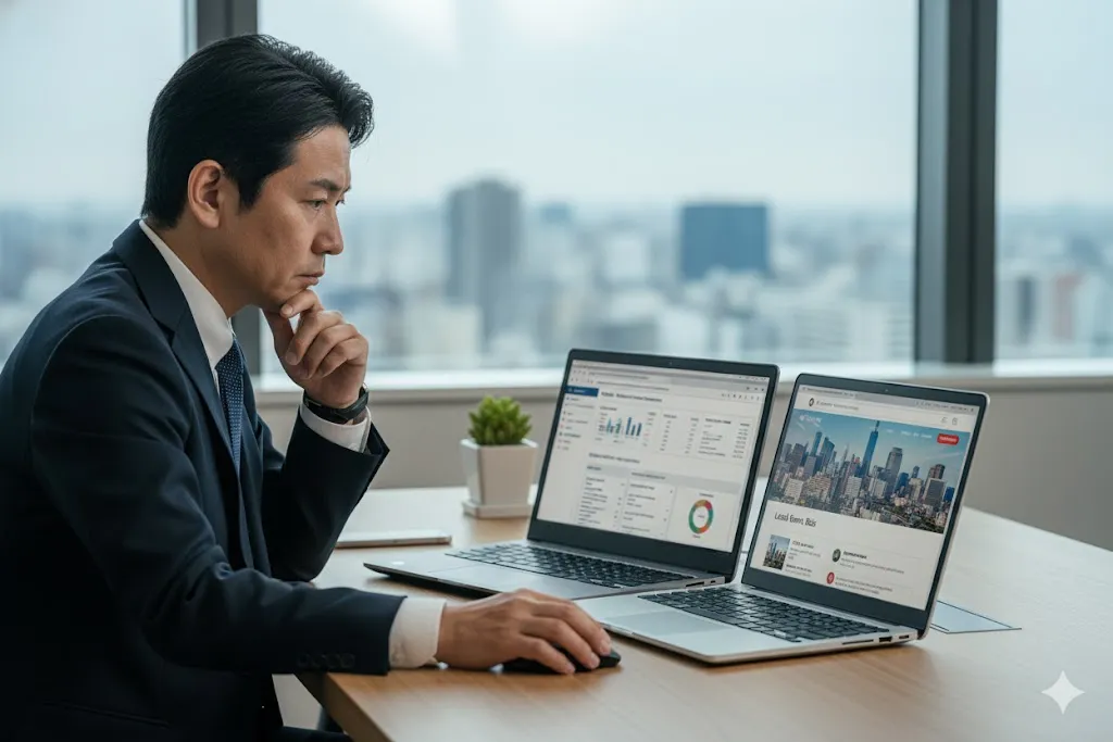 オフィスで国と地方自治体の入札情報を比較検討する事業者