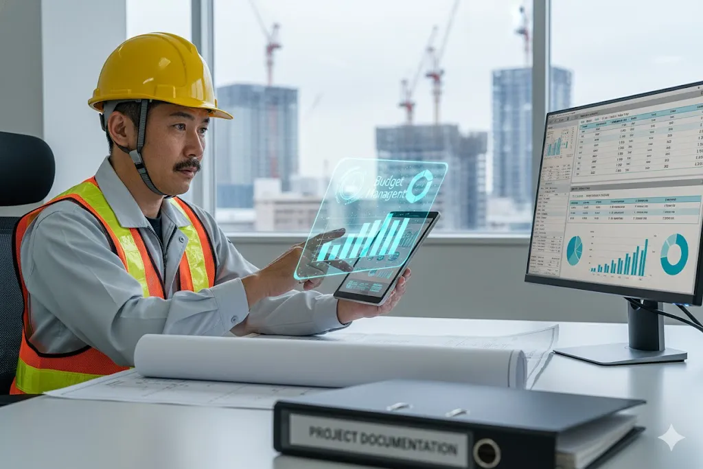 設計図面と実行予算のPC画面を見比べる現場監督