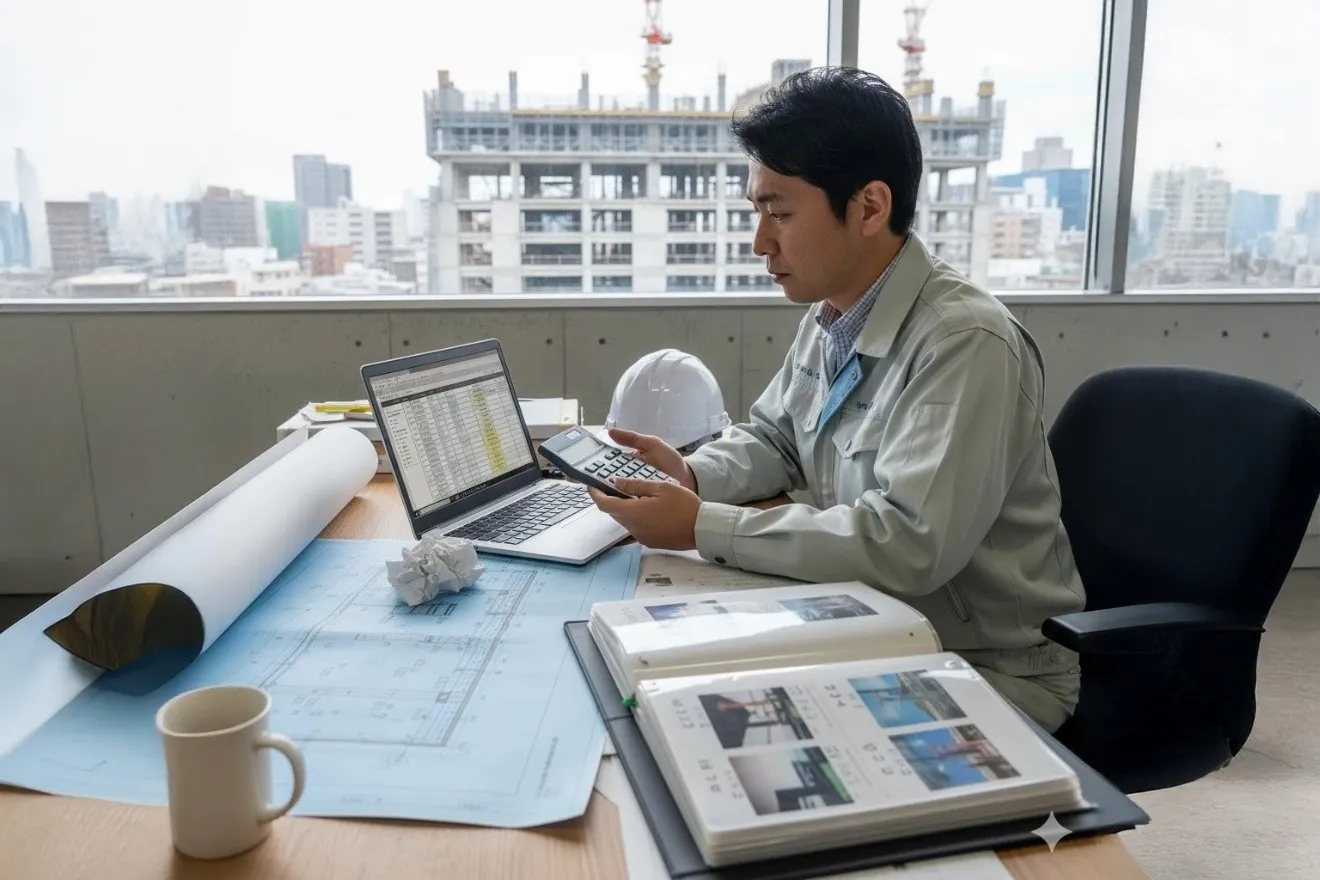 設計図面を見ながら工事見積書を作成する担当者