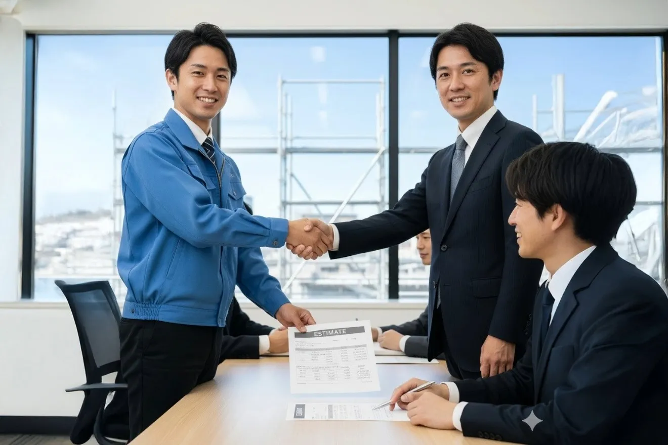 クライアントに見積書を説明し握手する建設業の担当者