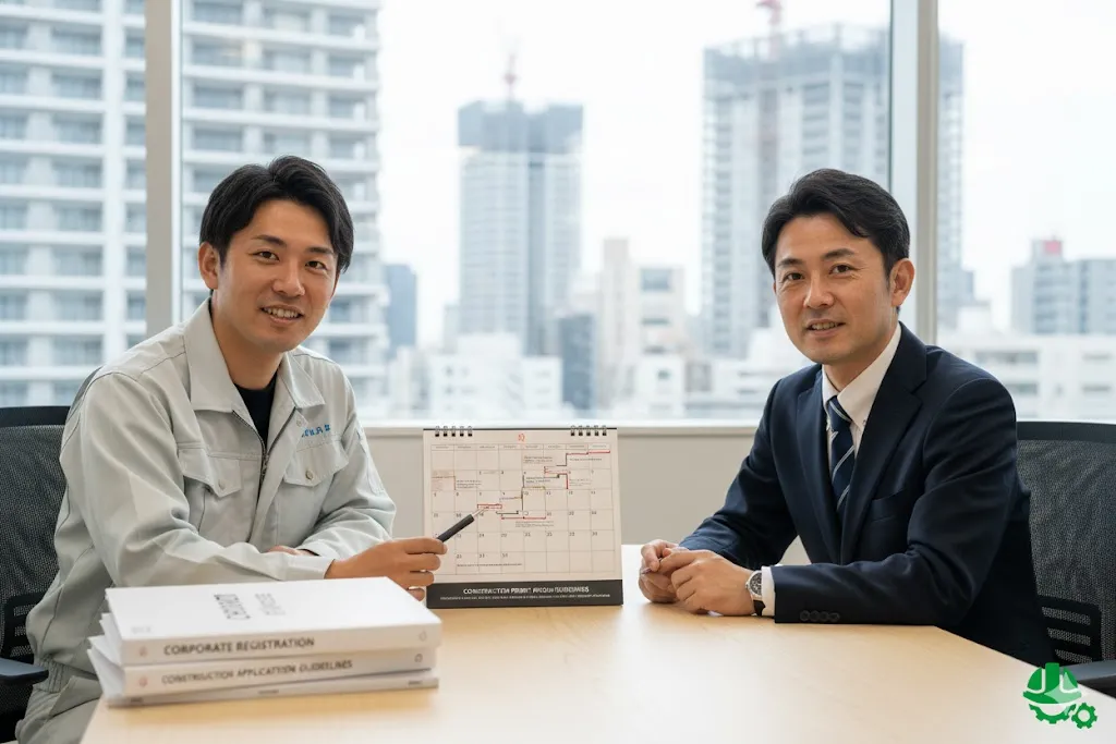 法人化に伴う建設業許可申請のスケジュールを、専門家と計画的に打ち合わせしている様子。