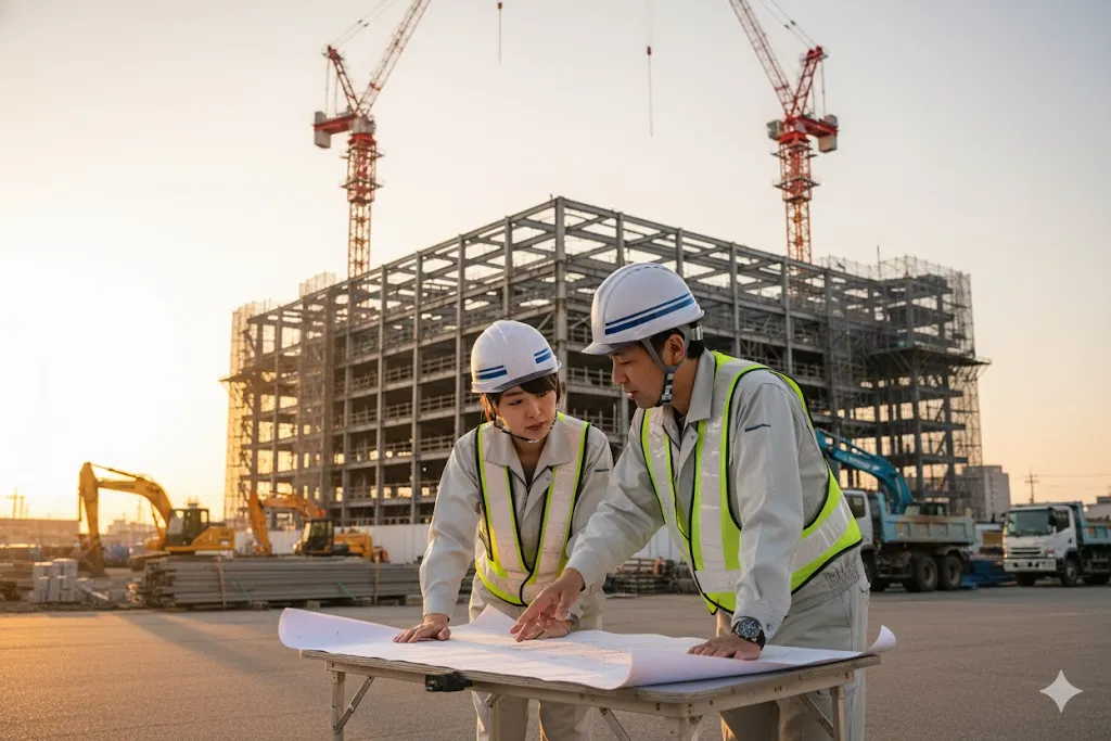 建設現場で事業計画について話し合う2人の人物