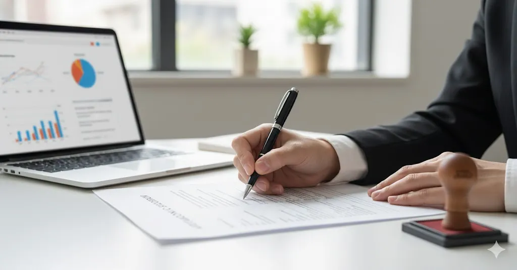 会社の設立手続きのため、デスクで書類作成を行う人物