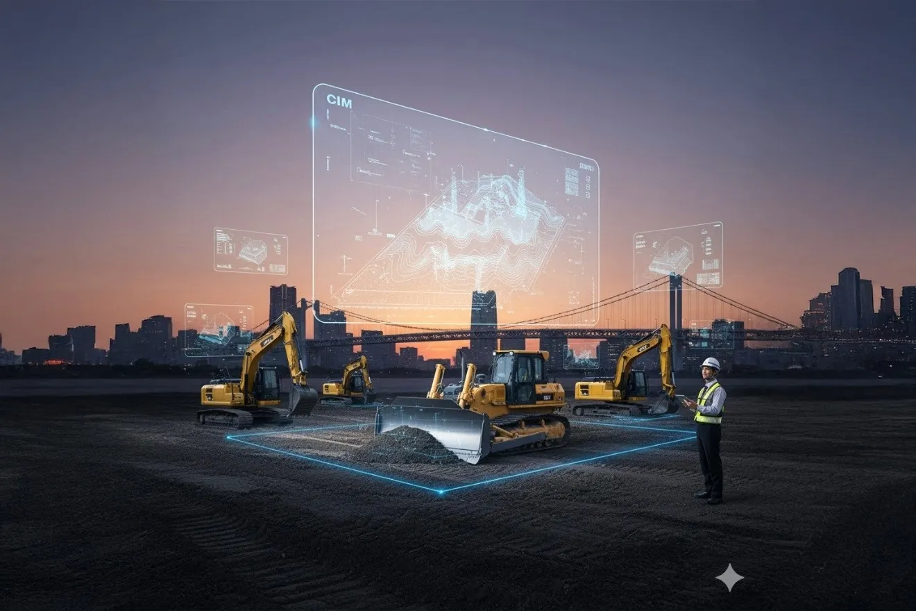 CIMデータと連携して作業するICT建機のイメージ