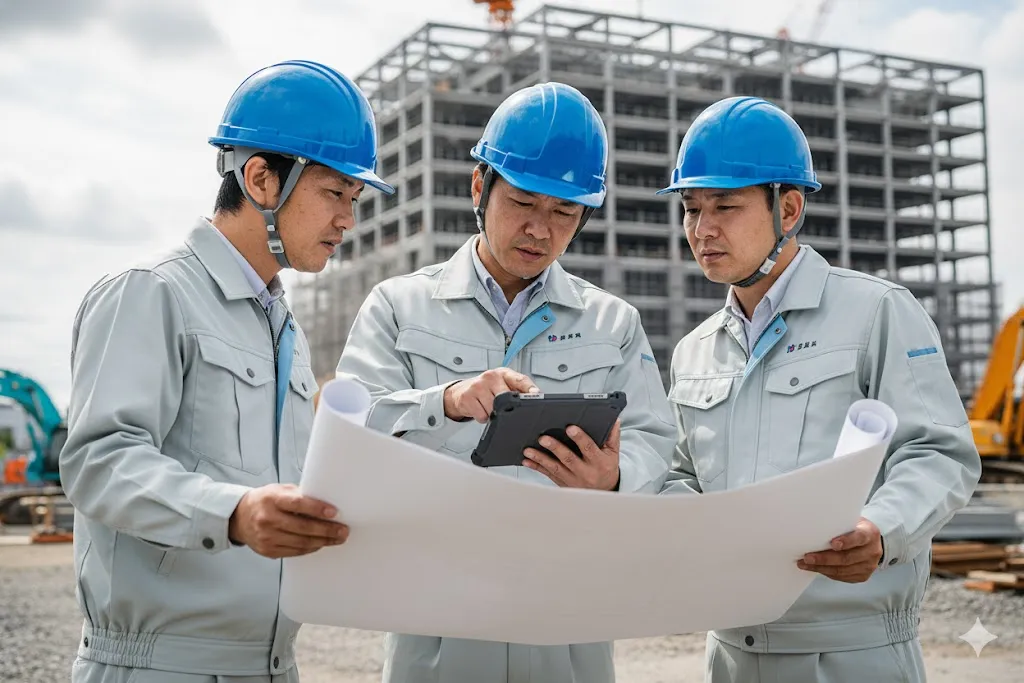 建設現場でタブレットを見ながらNETIS技術を検討する技術者たち