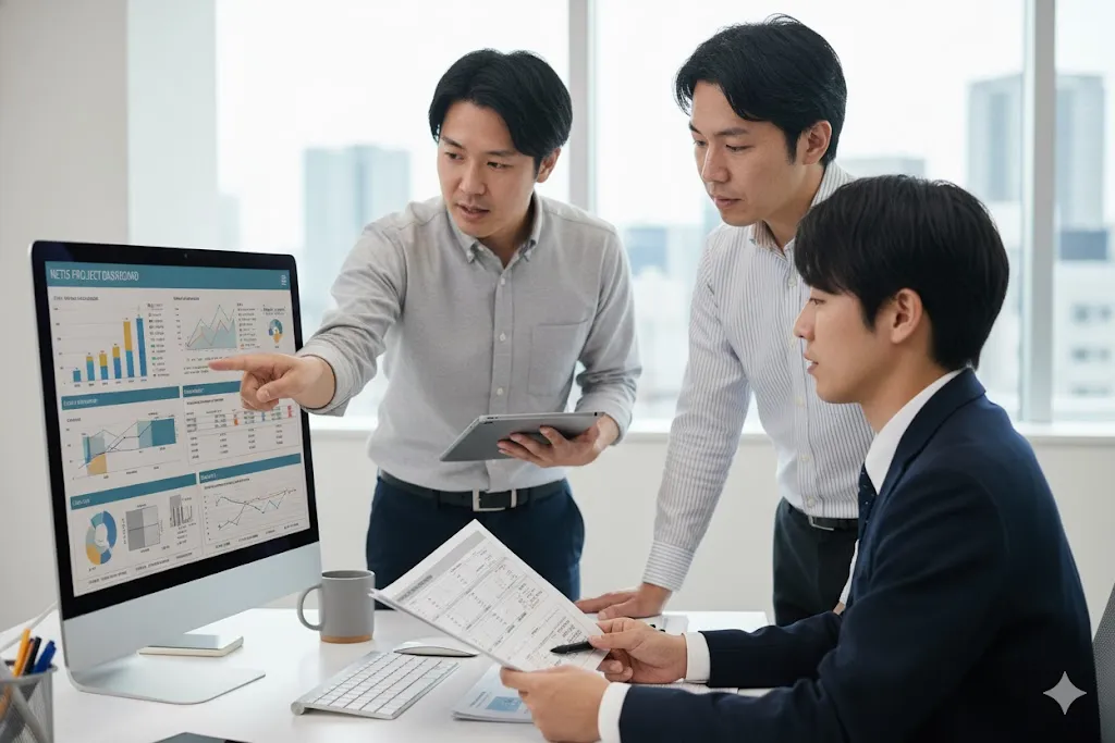 パソコンでNETISデータベースを確認し、仕様書と照合するオフィスの人々