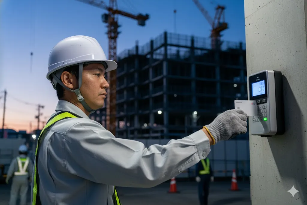 建設現場でCCUSのカードリーダーに就業履歴を記録する技能者