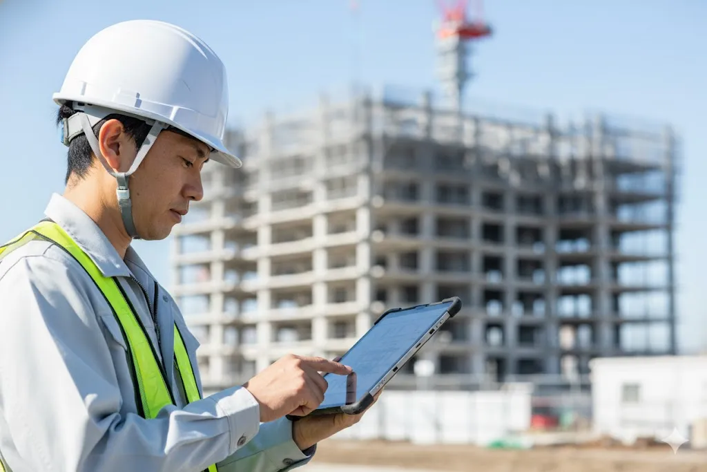 建設現場でタブレットを操作する作業員