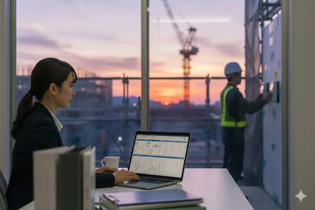 建設業の労働時間管理を象徴する、現場作業員とオフィスの様子