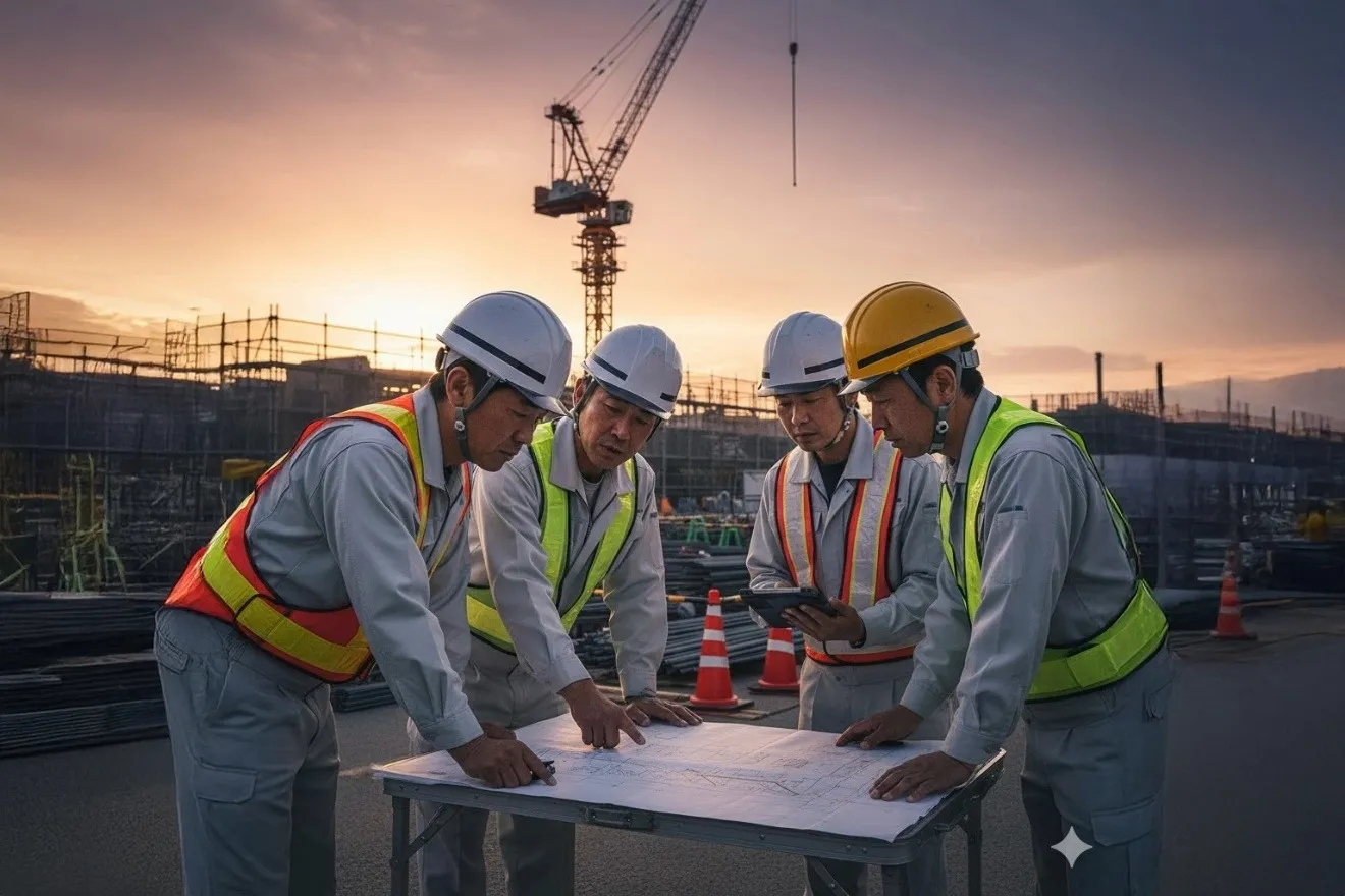 建設現場で安全ミーティングを行う作業員たち
