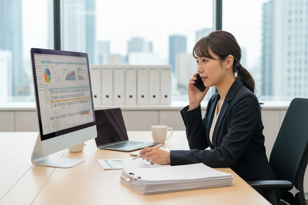 電話対応とデータ確認を同時に行う労務担当者