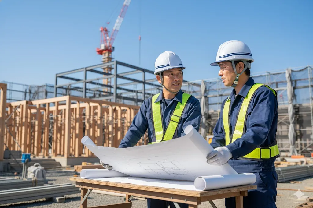 建設現場で図面を確認する作業員