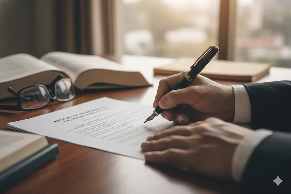 会社設立の書類に署名する手元