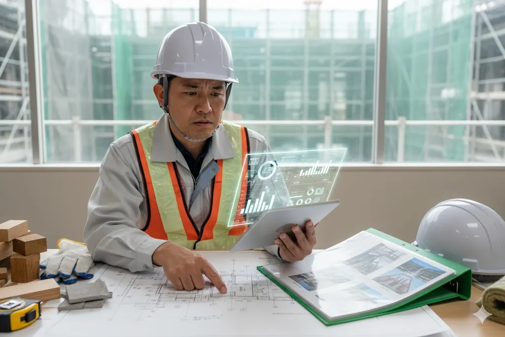 環境負荷削減の方法について真剣に考える建設現場の担当者