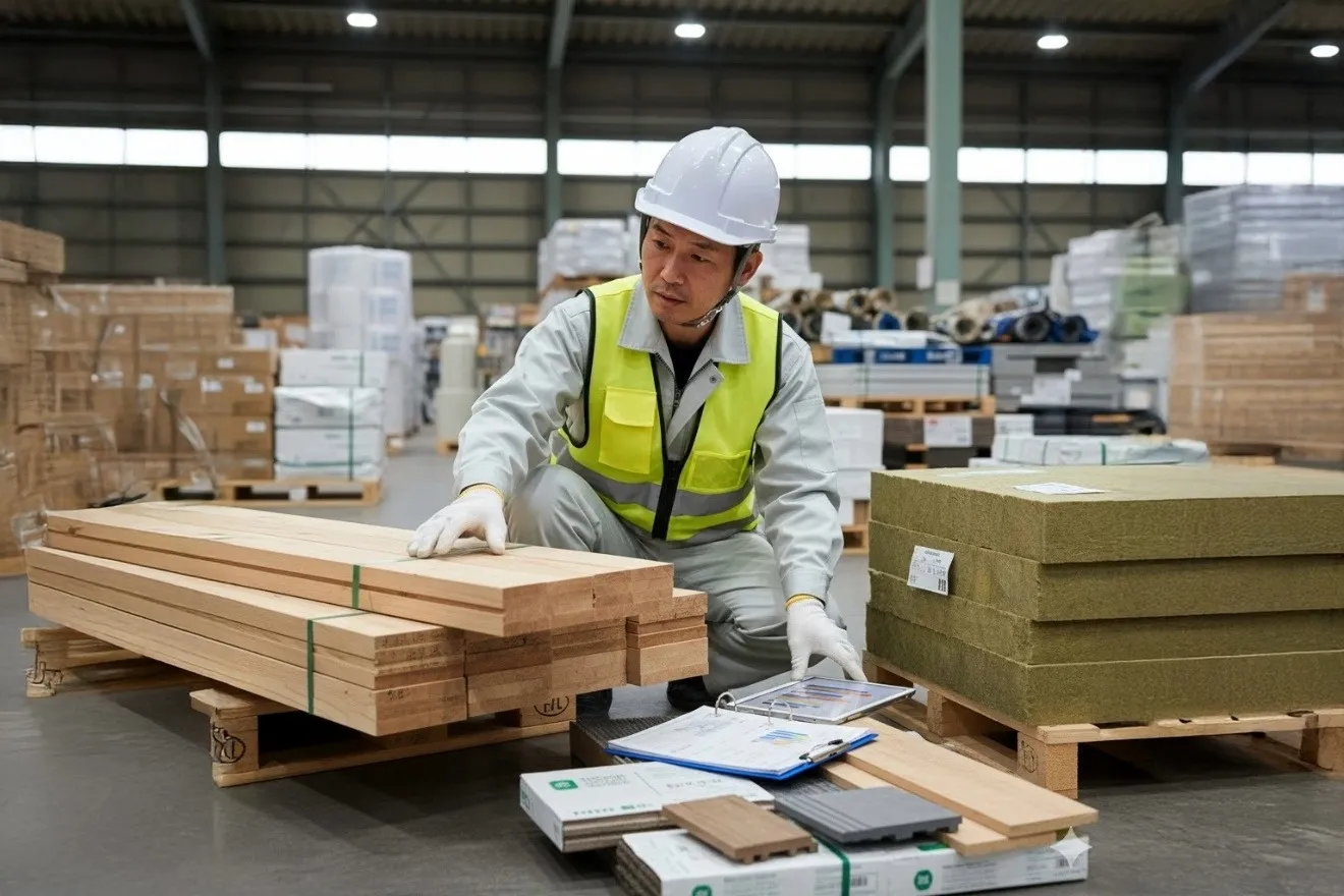 数種類の建設資材サンプルを比較検討する作業員