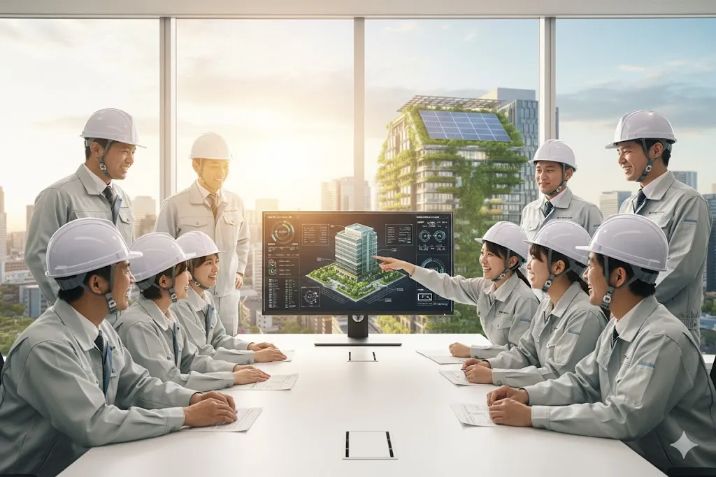 最新技術が導入されたサステナブルな建設現場で、多様な作業員が協力して働く様子