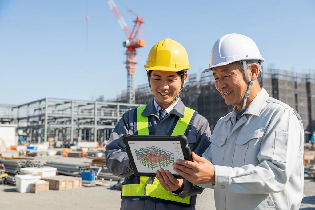 建設現場で打ち合わせをする若手とベテランの作業員