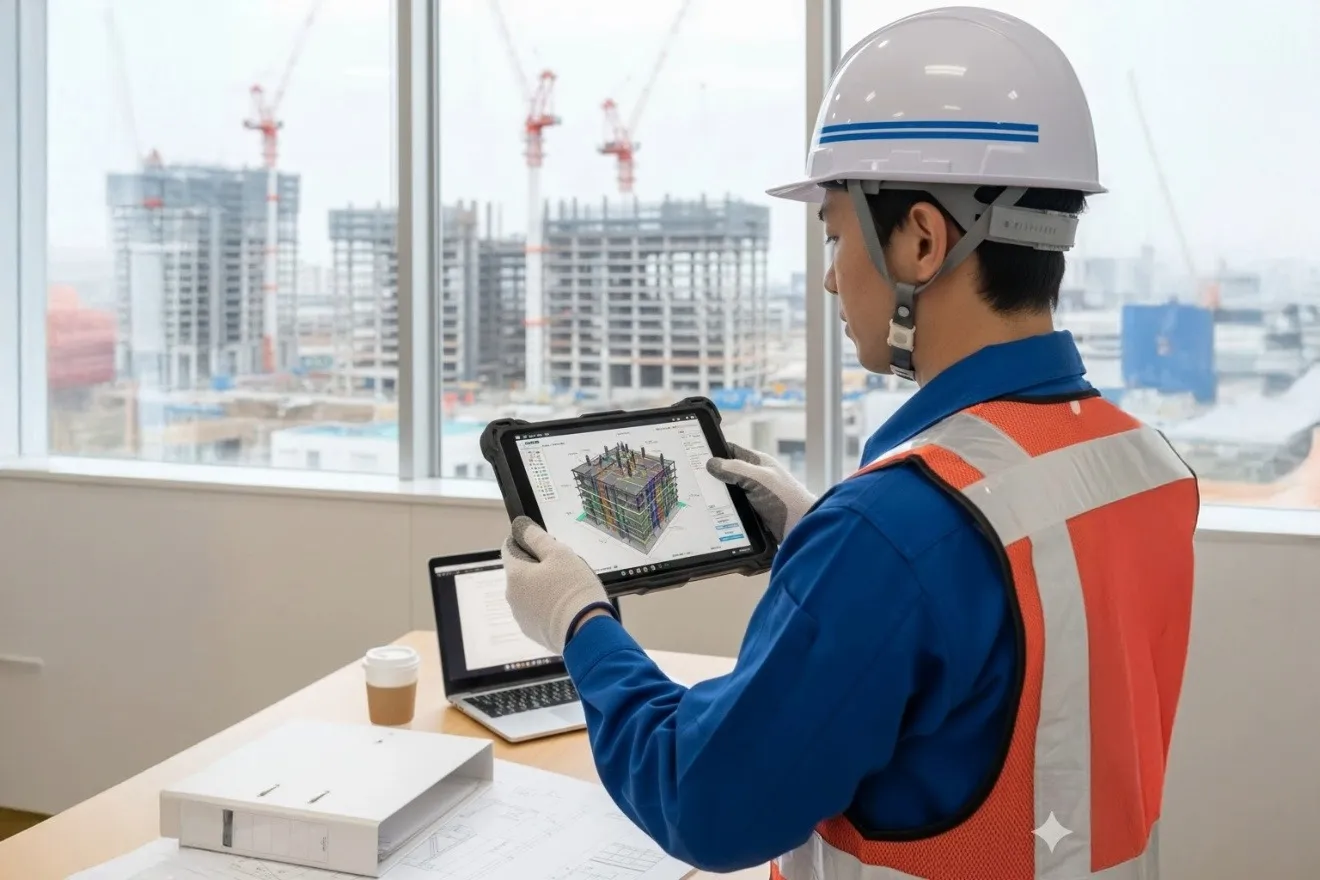 タブレット端末でBIMの3Dモデルを確認する建設技術者