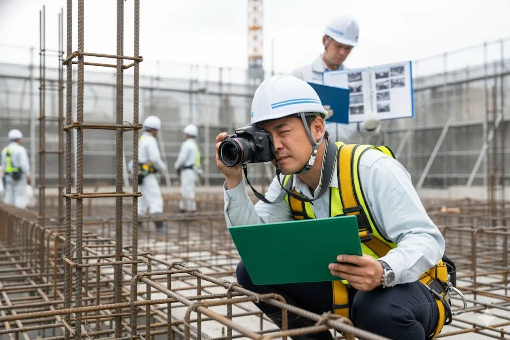 建設現場の基礎部分で、工事黒板と共に鉄筋の配筋状況を撮影する作業員